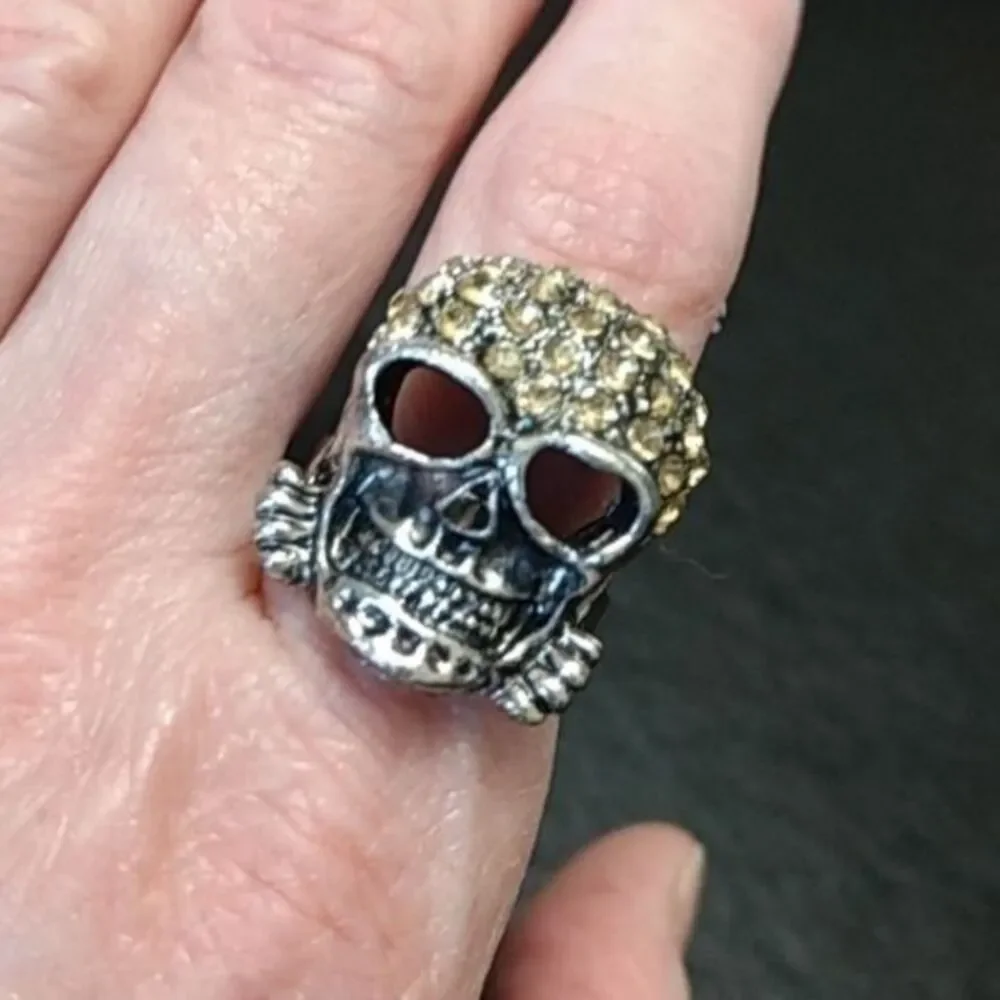 Silver tone and rhinestone skull ring adjustable